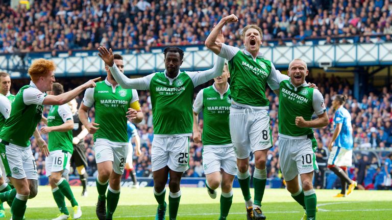 Hibernian's Vykintas Slivka celebrates his goal against a porous Rangers rearguard