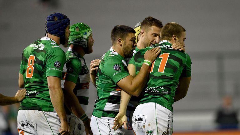 Treviso celebrate Braam Steyn's early opening try against Ospreys