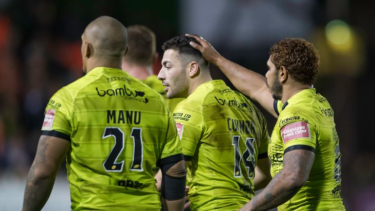 Hull FC's Jake Connor is congratulated on his hat-trick at the Mend-A-Hose Jungle