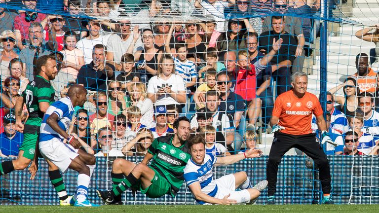 Ralf Little, Olly Murs and Jose Mourinho during the #Game4Grenfell at Loftus Road