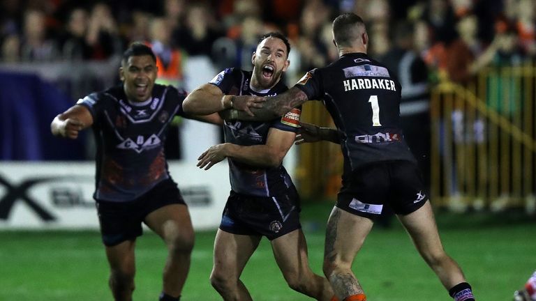 Luke Gale celebrates kicking winning golden-point drop goal during the Betfred Super League semi-final