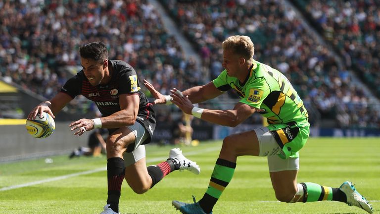 Sean Maitland scores his third try against Saints
