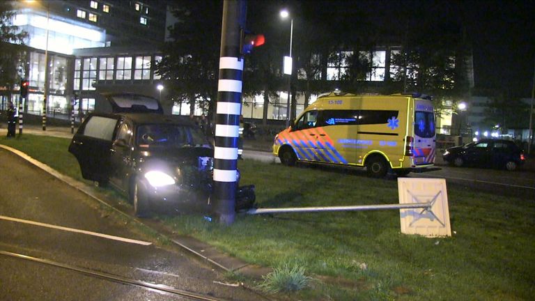 The taxi in which Aguero was travelling in Amsterdam crashed into a pillar (Picture courtesy of AT5.nl)