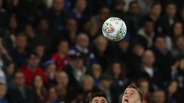 Leicester City's Andy King (R) vies with Leeds United's Pablo Hernandez (L)