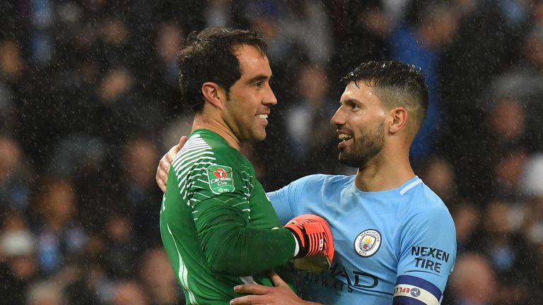 Sergio Aguero celebrates with Claudio Bravo