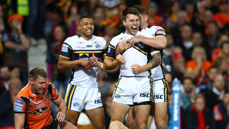 Tom Briscoe celebrates scoring for Leeds