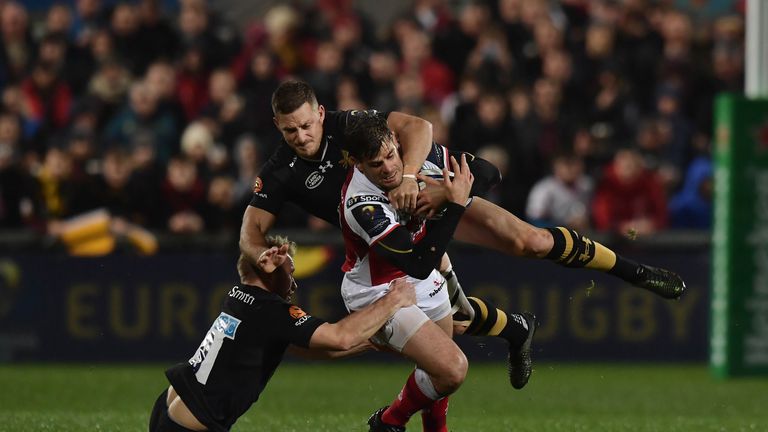 Louis Ludik is tackled by Jimmy Gopperth of Wasps during Ulster's opening European Rugby Champions Cup win in Belfast