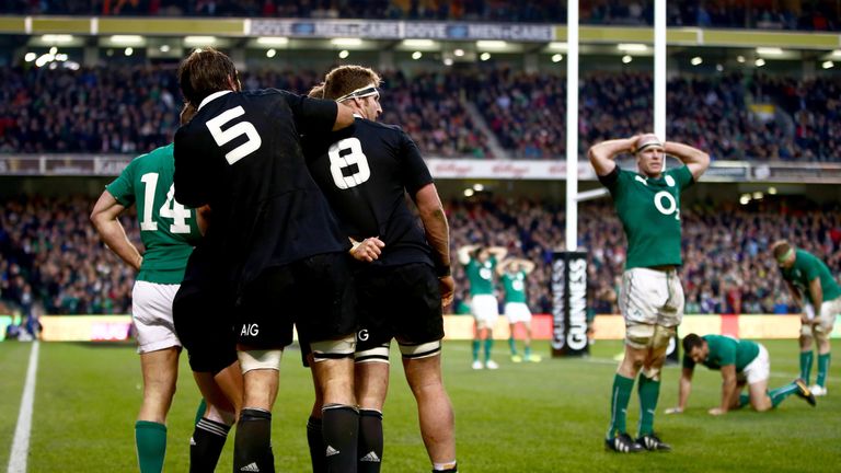 The All Blacks celebrate Ryan Crotty's last-gasp try in 2013