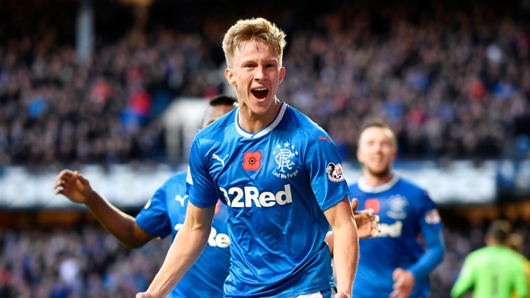 Rangers' Ross McCrorie celebrates after heading in the opening goal