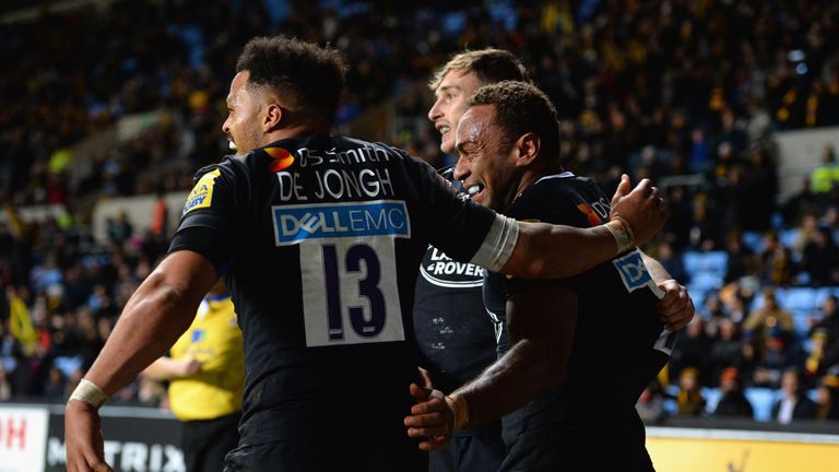 Gabiriele Lovobalavu celebrates after scoring for Wasps 