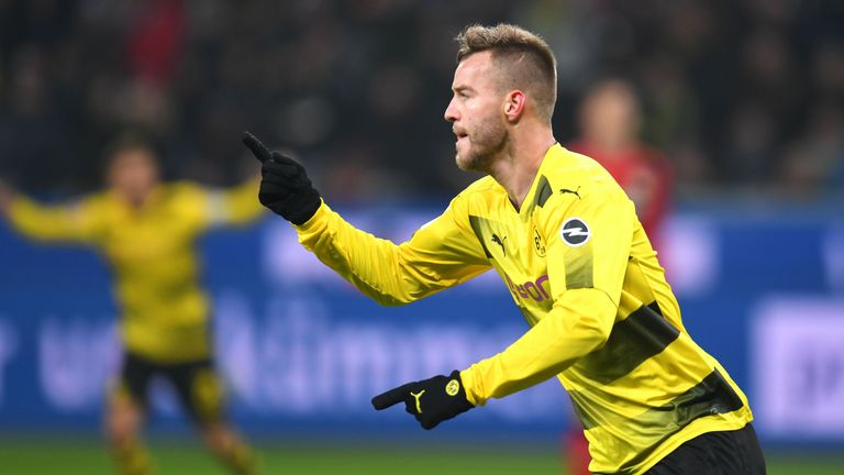 Borussia Dortmund forward Andriy Yarmolenko celebrates after scoring against Bayer Leverkusen