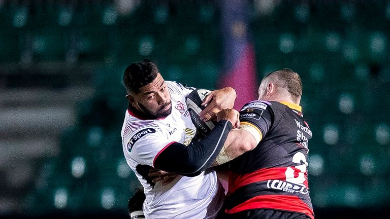 Ulster's Charles Piutau is tackled by Dragons' Lloyd Fairbrother