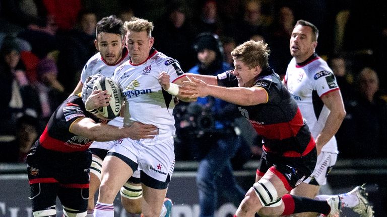 Ulster's Craig Gilroy skips through the Dragons' defence