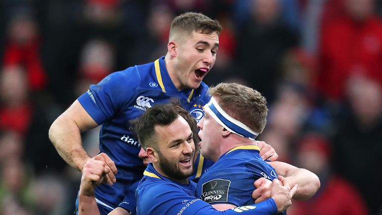 Dan Leavy celebrates scoring Leinster's first try of the match