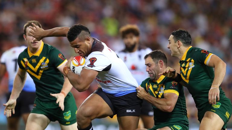 Viliame Kikau of Fiji is tackled during the 2017 Rugby League World Cup