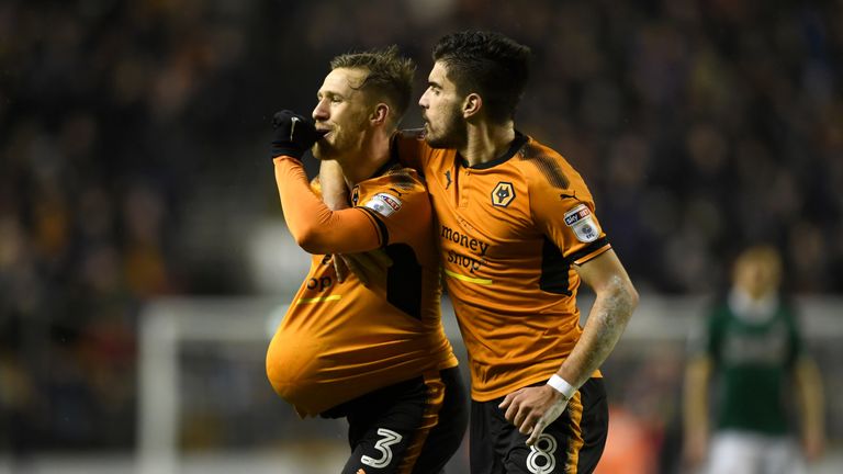 Barry Douglas celebrates with Ruben Neves after scoring Wolves's second goal