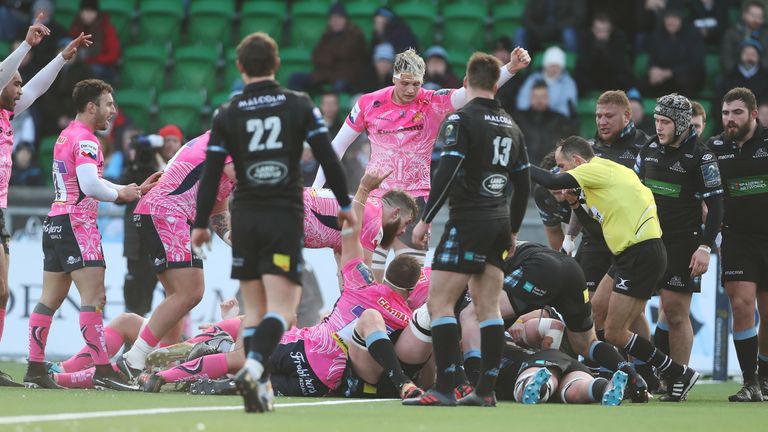 Exeter celebrate Simmonds' try but that was as good as this got for the Chiefs