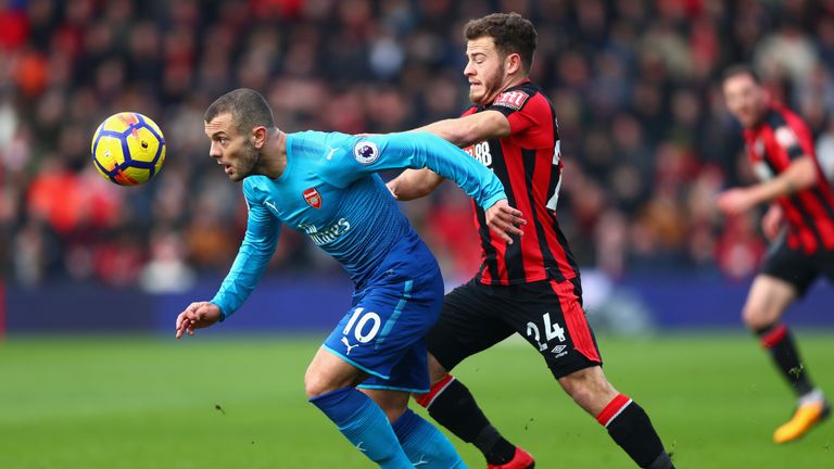 Jack Wilshere of Arsenal and Ryan Fraser of Bournemouth battles for possession