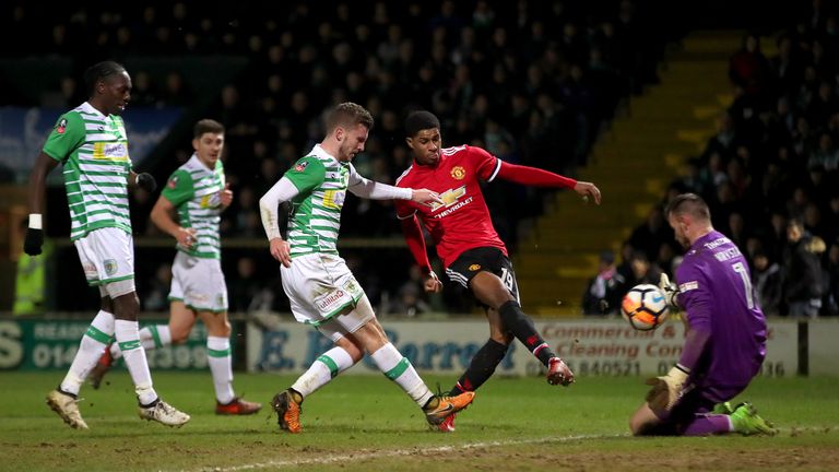 Rashford (second right) scores against Yeovil