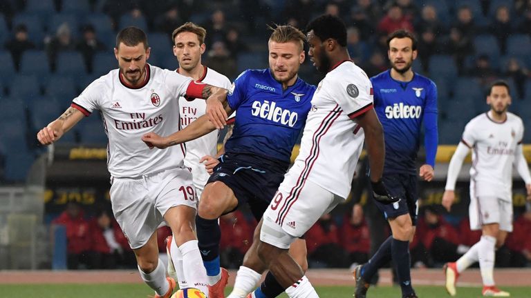 Lazio's midfielder Ciro Immobile fights for the ball