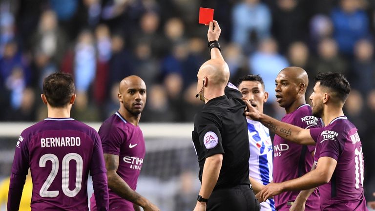 Fabian Delph was sent off in the first half for City