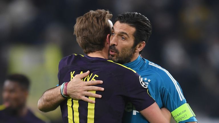 Harry Kane embraces Gianluigi Buffon after the first leg of the last-16 showdown