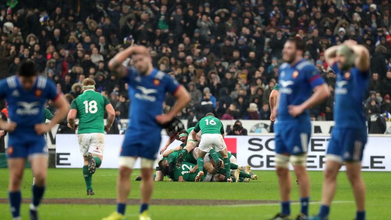 Ireland's players celebrate after Johnny Sexton's drop goal 