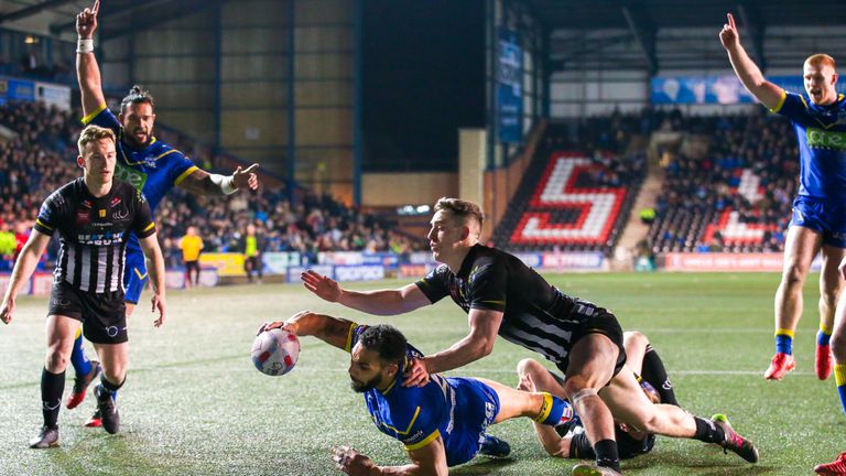 Ryan Atkins scored twice as Warrington claimed the bragging rights at neighbours Widnes 