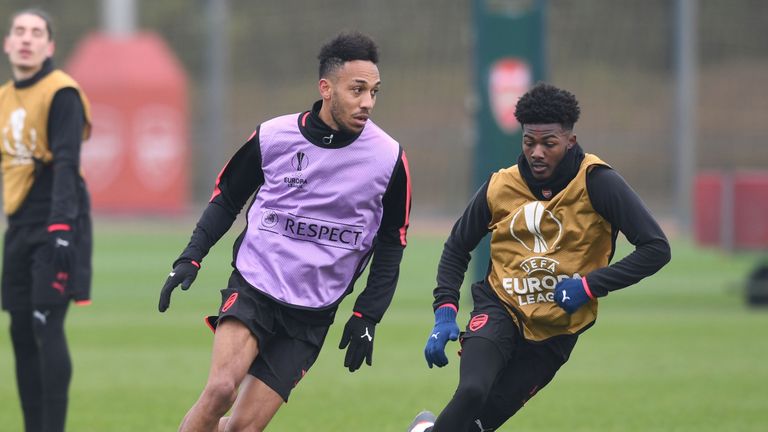 Pierre-Emerick Aubameyang training with Maitland-Niles