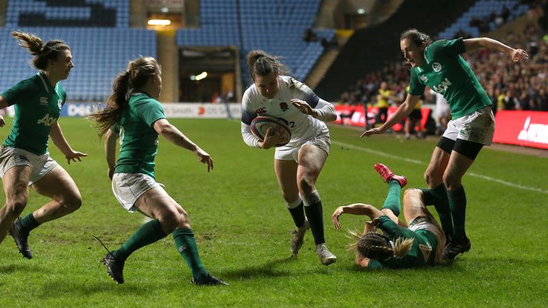 Ellie Kildunne runs in a try for the Red Roses