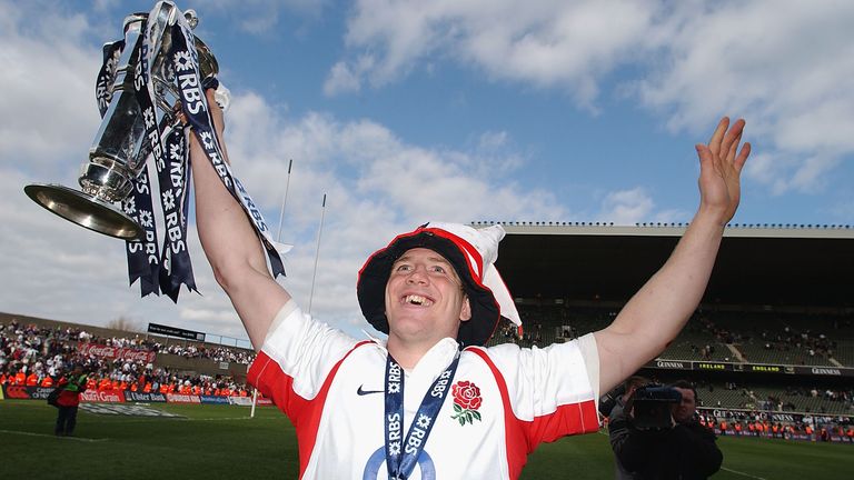 Mike Tindall celebrates England's Six Nations Grand Slam in Dublin in 2003
