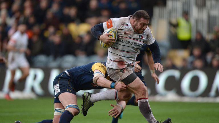 Greg Bateman barges through the  Worcester defence to score a try for Leicester