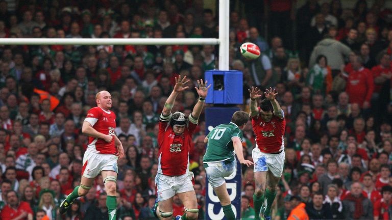 Ronan O'Gara connecting with his late drop-goal in Cardiff