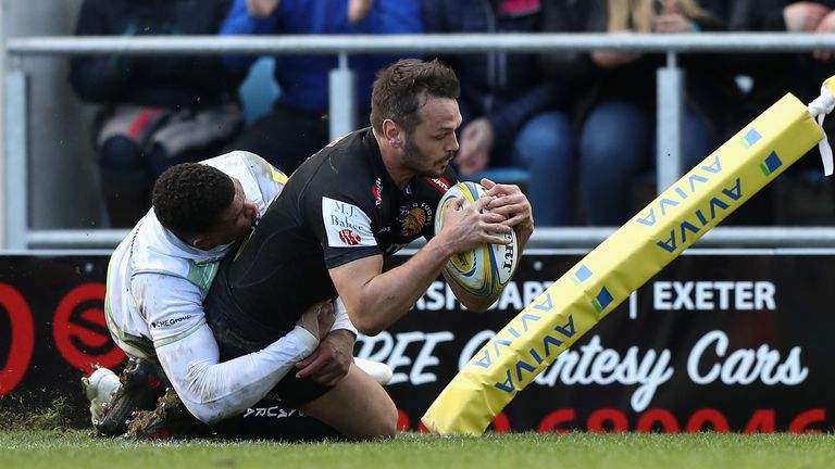 Phil Dolman crosses to score in the corner for Exeter, who are now seven points clear at the top of the Aviva Premiership