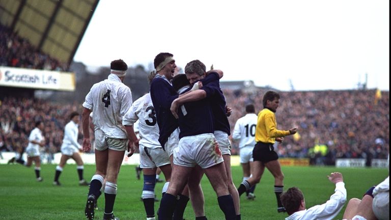 Scotland players celebrate at the full-time whistle in 1990
