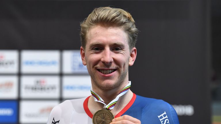 Mark Stewart celebrates with his bronze medal in Apeldoorn
