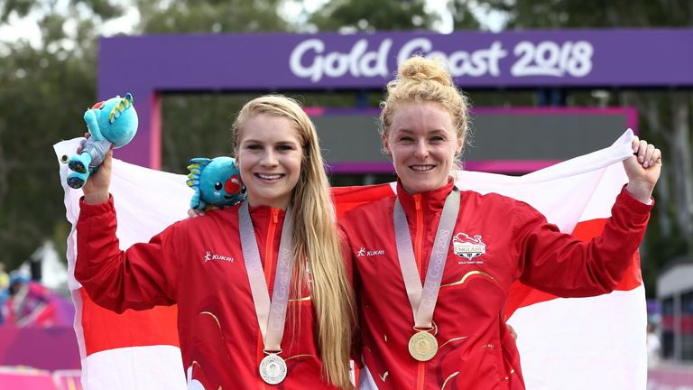 England's Last (right) and Evie Richards celebrate after winning gold and silver in the women's cross-country