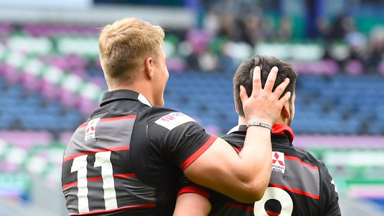 Edinburgh's Van der Merwe celebrates his second try of the match with the architect of it Hidalgo-Clyne