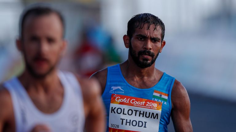 India's Irfan Kolothum Thodi competes in the men's 20m race walk final 