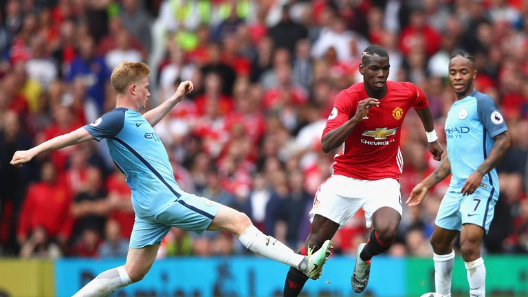 Pogba is closed down by De Bruyne in the Manchester derby at Old Trafford