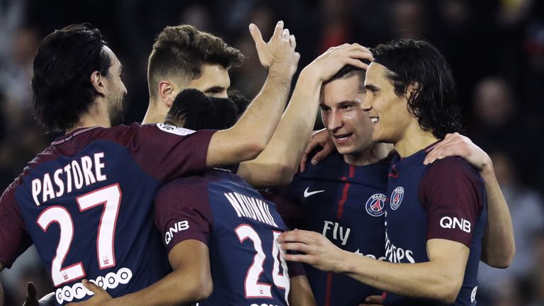 PSG celebrate a goal in their 7-1 win