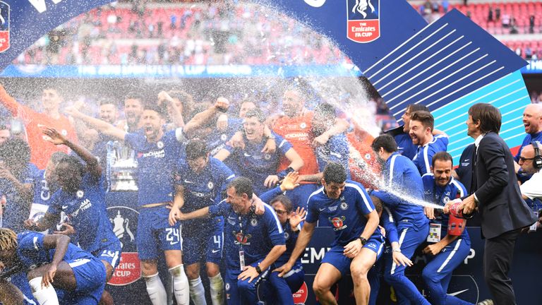 Conte sprays his side with champagne after their FA Cup final victory