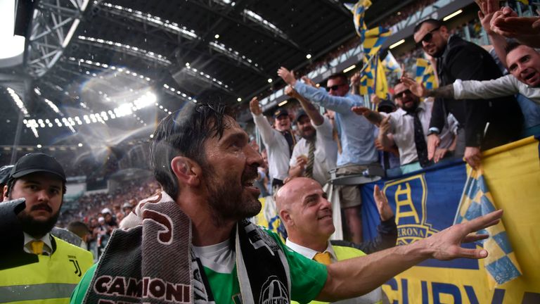 Buffon greets the Juventus fans during his final game