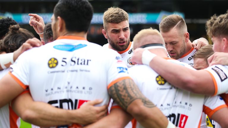 Castleford players in their team huddle before the Challenge Cup tie against St Helens