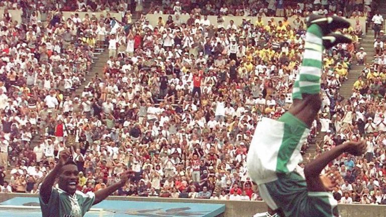 Babayaro enjoys Nigeria's equaliser against Brazil in the 1996 Olympics semi-final