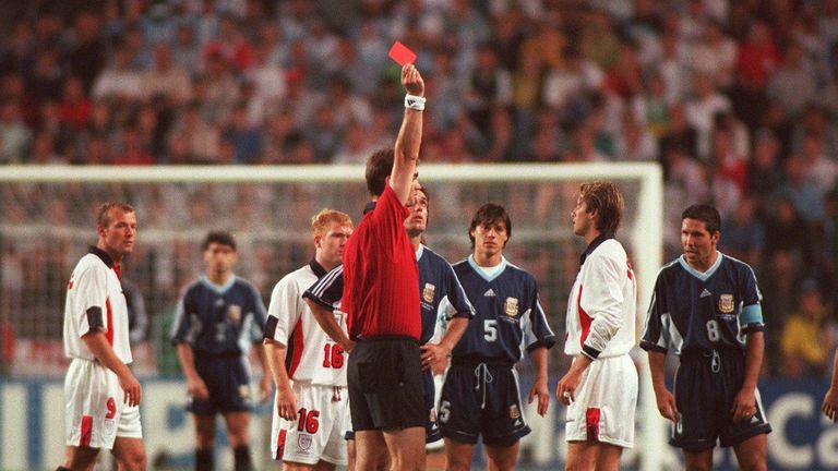 Beckham was sent off for kicking out at Diego Simeone in the second round of the 1998 World Cup - Argentina went on to knock England out on penalties