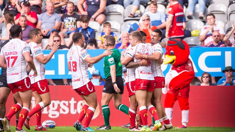 Hull KR celebrate Kieran Moss' second try