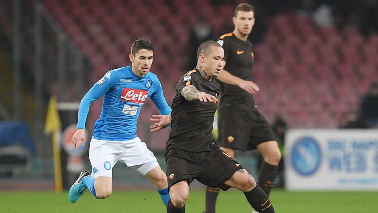 Radja Nainggolan shields the ball from Jorginho