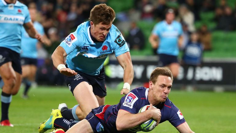 The Rebels' Dane Haylett-Petty touches down for a try against the Waratahs in Melbourne