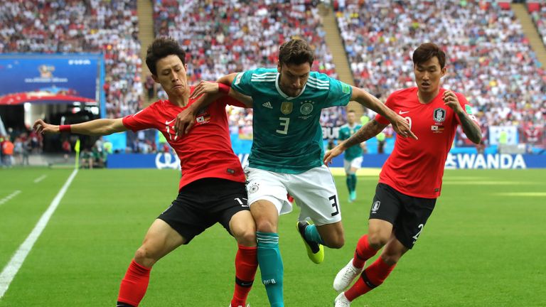 Jonas Hector is challenged by Jae-sung Lee and Hyun-soo Jang